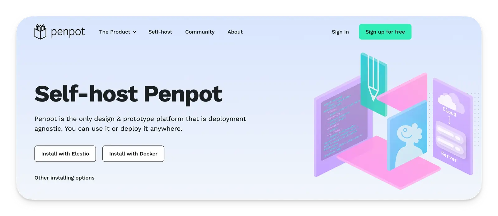 자체 호스팅(self-host) 타이틀이 보이는 penpot의 공식사이트 안내 페이지